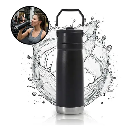 Garrafa Térmica 650ml Aço Inox Canudo Bico Flip Antivazamento Parede Dupla Ideal Academia Esporte Lazer Cor Preto Pop Imports