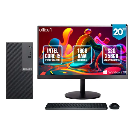 Computador Completo Intel Core i5, 16GB RAM, SSD 256GB, Monitor LED 20", Windows 10 Pro, Preto, Bivolt - BluePC Office1 CDBP-OFF1-108