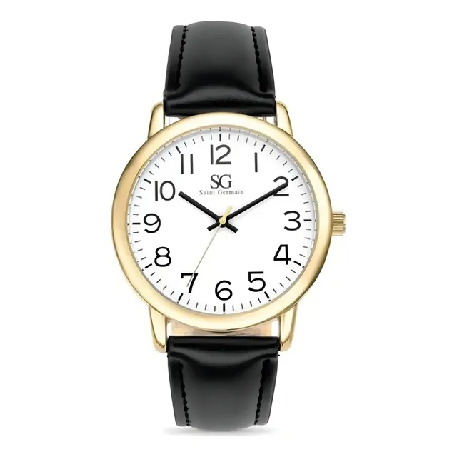 Relógio Masculino Dourado Saint Germain Correia De Couro Preto Caixa Dourada Fundo Branco 40mm Elegante Clássico