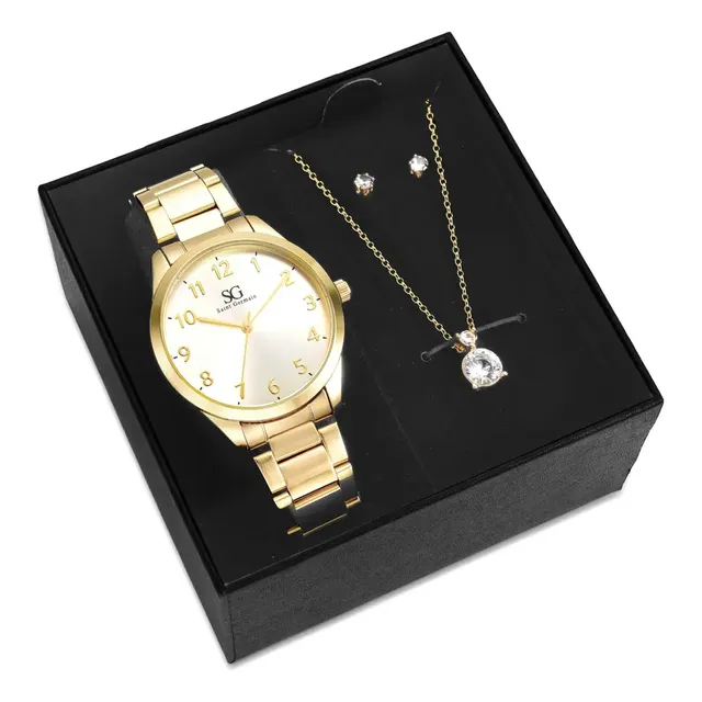 Kit Relógio Colar E Brincos Ponto De Luz Dourado Feminino Luxo Golden Saint Germain Presente Original Joias Elegante Clássico 38mm