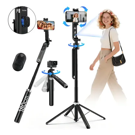 Tripé Inteligente 1.8m com Rastreamento Facial AI Estável 360° para Celular、Câmera、Vlog E Gopro, Basike Tripé Celular Profissional Universal Bastão Selfie Com Controle Remoto Bluetooth