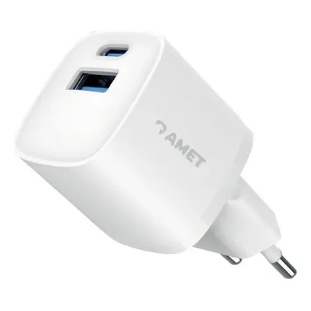 Carregador Amet GaN 25W Turbo Super Rápido Tipo C + USB Bivolt Power Delivery PD para iPhone 15 14 13 Samsung S24 S23 S22 Motorola Xiaomi Fonte Adaptador Parede Anatel
