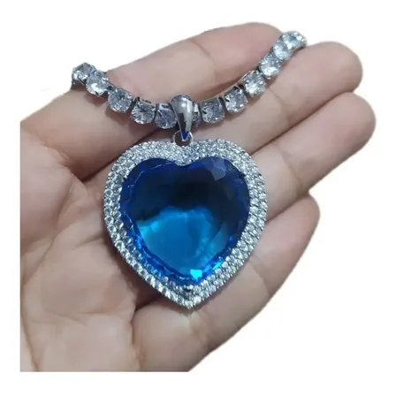 Colar Pedra Zirconia Coração Grande Titanic Verde Azul Luxo