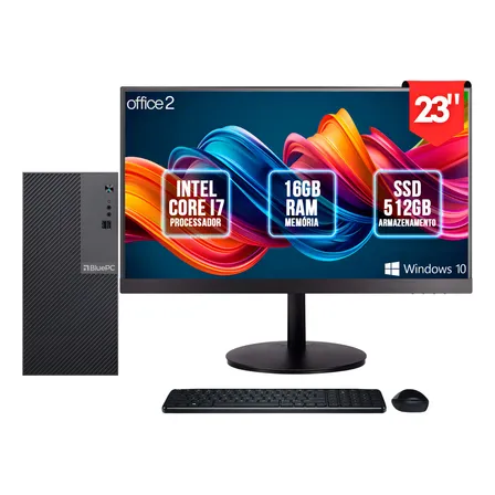 Computador Completo Intel Core i7, 16GB RAM, SSD 512GB, Monitor LED 23", Windows 10 Pro, Preto, Bivolt - BluePC Office2 CDBP-OFF2-138