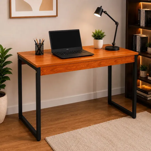 Escrivaninha Industrial Mesa Estudo Computador Escritório Aparador Pés Aço Home Office Preto E Amadeirado
