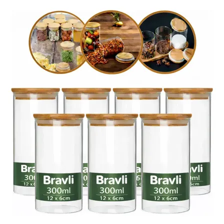 Kit 6 Pote Tampa De Bambu 300ml Hermético Vidro Borossilicato Porta Temperos Mantimentos Alimentos Redondo Cor Transparente Bravli
