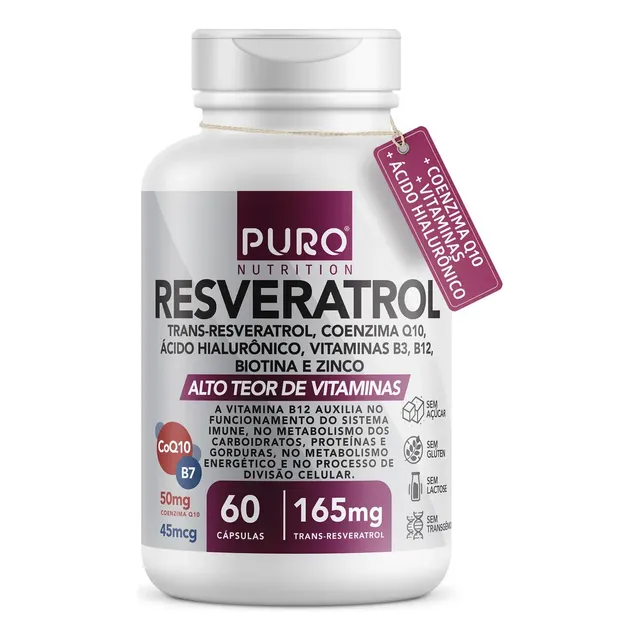 Resveratrol Trans 165 Mg Puro Nutrition + Coenzima Q10, Ácido Hialurônico Sem Sabor