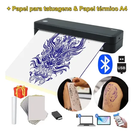 Impressora E De Tatuagem A4 2en1 Bluetooth + Papel A4 + Papel De Tatuagem Portátil 203dpi 127v/220v Usb Portátil... Preto