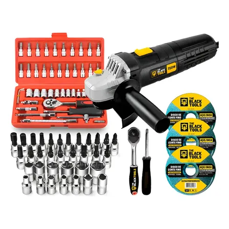 Esmerilhadeira Lixadeira Angular 4.1/2 750w C/ Discos De Corte Fino + Kit De Ferramentas 46 Peças The Black Tools Preto 127v