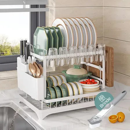 Escorredor De Louça Duplo Para Prato Talheres Bancada Secador Organizador Cozinha Drenagem Automatica 360° Brielli Home