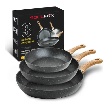 Conjunto De Frigideiras Antiaderentes Soulfox Indução E Gás 22 24 28 Cm Preto
