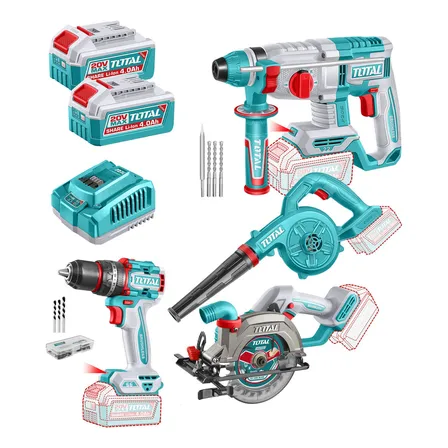 Kit sem fio total de 20 V: chave de fenda de impacto, martelo rotativo, serra circular, ventilador, com 2 baterias de 4,0 ah, carregador rápido 4a, Tosli250695