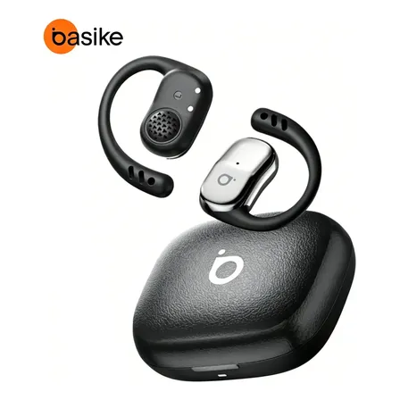 Basike Fone Ouvido Bluetooth Sem Fio Esportivo Gancho Enc Cancelamento De Ruído, Tws, Ipx5, Baixa Latência, Bateria 50h Para Corrida Academia Jogos Textura De Couro Sintético Preto