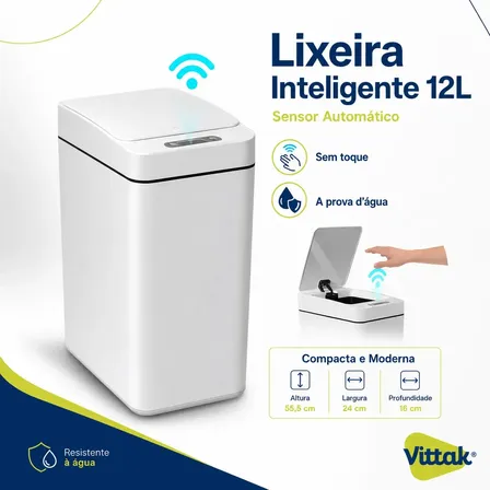 Vittak Lixeira Inteligente 12l Sensor Automático Banheiro Cozinha cor Branco Escritório Comercial