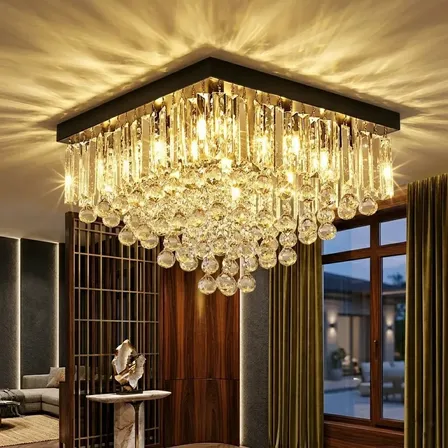 Plafon de Teto em Cristal Moderno Tieesa, Luminária Quadrada Tricolor para Sala
