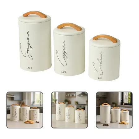 Kit 3 Potes Herméticos Mantimentos Com Tampa Alça Moderno Cor Creme