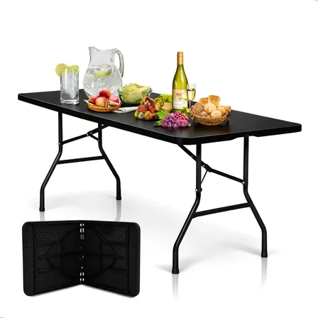Mesa Dobravel Portatil Maleta Camping 180cm Plastico Duravel Preto