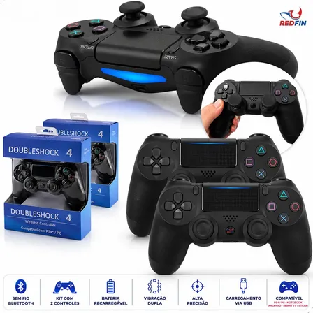 2 Controles Redfin Sem Fio Compatível com PS4, PC e Android com Bluetooth Touchpad Vibração Dupla joystick