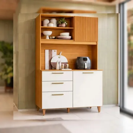 Armário Cozinha Compacto Kit Cozinha Poliman Com 3 Portas 2 Gavetas Sicília Piccolo Mdp Pintura Uv Branco Cor Freijó Off Ripado
