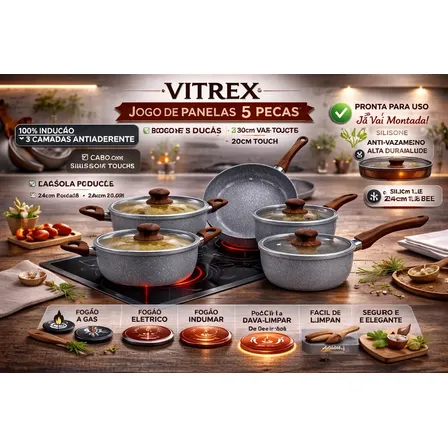 Jogo 5 Panelas Bologna Indução Cerâmica Cinza Vitrex Premium