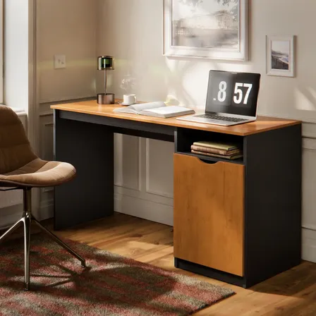 Escrivaninha Maxi Para Computador/notebook Home Office Com Porta E Nicho Mesa De Escritório Compacta Para Estudo Cor Preto Canela Preto/nature