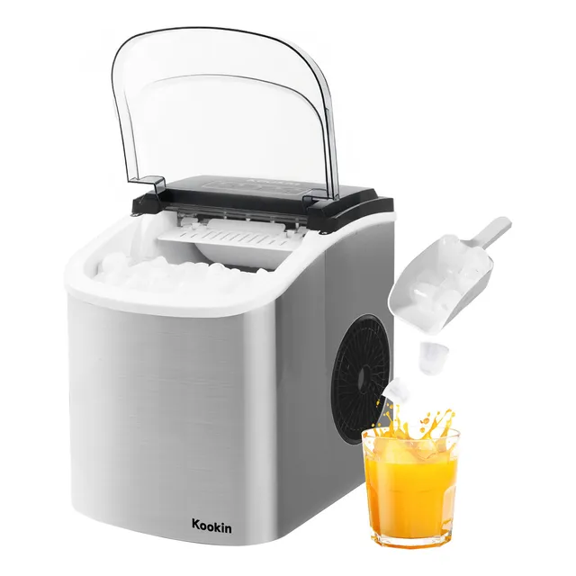 Máquina de Gelo Turbo Ice Premium Inox Portátil Kookin, 12kg por Dia, Gelo Pronto em 8 Minutos, Reservatório 1,3L, Limpeza Automática, com Pá e Cesto, para Casa e Bar –
