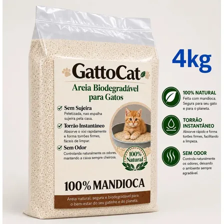 Areia Biodegradável 4kg Fina 100% Mandioca Sanitária Para Gatos Zero Odor Zero Poeira Torrão Instantâneo- GattoCat Limpeza Higiênica Descarte no Vaso Leveza Sem Rastro