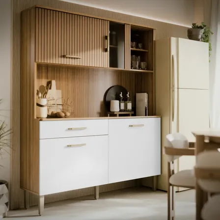 Armário De Cozinha Viena Plus Com Balcão E Gaveta Para Microondas E Forno Mel / Branco M Casa Móveis