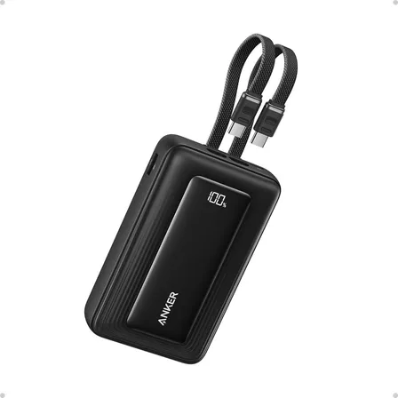 Carregador Portátil Power bank Anker 20000mah 45w Carga Turbo Rápida Display Digital Cor Preto Com 2 Cabos Usb-c Integrados, 1 Usb-c E 1 Usb-a Porta Para iPhone, Samsung, Motorola, AirPods, E Mais