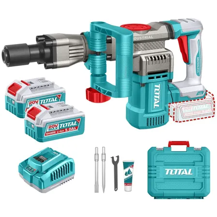 Martelo de demolição sem fio total de 20v, industrial - motor sem escova, sem carbono - 16 J, soquete hexagonal Sds - com 2 baterias de íon de lítio de 5,0 ah, carregador 4a, cinzéis e estojo -...