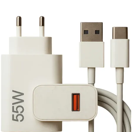 Carregador Turbo 55w Usb-c Com Cabo Tipo C 1 Metro Fonte Bivolt 110v/220v, Carregamento Rápido Fast Charge, Ideal Para Celular Android, Compatível Com iPhone Samsung Motorola Xiaomi LG Branco