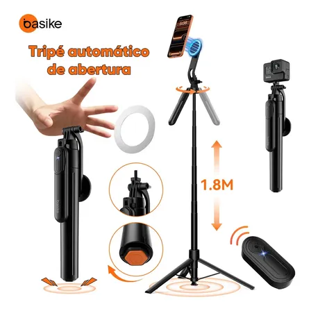 Basike Tripé Magnético Portátil 1.8m, Tripé Celular Profissional Rotação 360° + Inclinação De 270° Com Controle Remoto Bluetooth Recarregável,suporte De Selfie Para Celular Gopro Câmera E iPhone Preto
