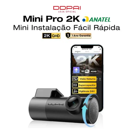 DDPAI Câmera Veicular Mini Pro 2K 1440P com Wi-Fi e APP controle Ângulo de 140° e Visão Noturna 2.0 Sensor G Lente Rotativa 360° ADAS Supercapacitor e Gravação em Loops para Carro