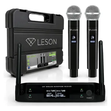 Microfone Sem Fio Duplo Leson Fx1200 Dinâmico Digital Igreja Profissional Uhf Com Maleta Preto
