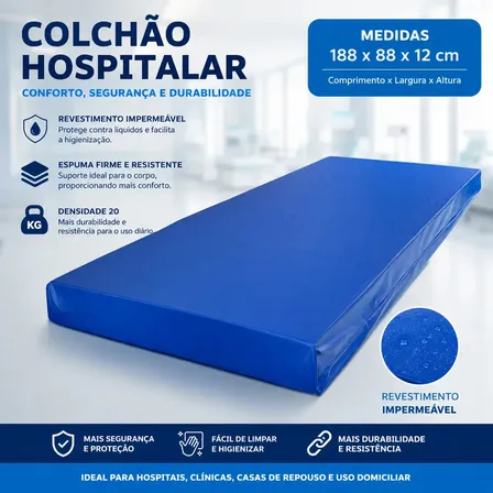 Colchão Impermeável Hospitalar D20 Firme Solteiro Antialérgico Napa Premium Alojamento Chácaras Pousadas Resistente Lavável Bagum Geriátrico Pós Cirúrgico Azul Solda Reforçada Elity Do Sono Colchões