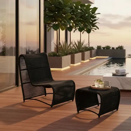 Conjunto Poltrona E Puff Móveis Aluminio Pintado E Corda Náutica Para Jardim Área Externa E Interna Cor Preto Marca Parreira Design Liso