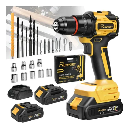 Furadeira Parafusadeira Impacto 3 Em 1 Profissional Brushless 45n.m 2 Baterias 2000mah Com Maleta E Acessorios Amarelo 127/220v 60hz