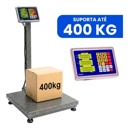 Balança De Plataforma Digital Suporta 400kg Com Mastro Coluna E Base Antiderrapante Resistente 50x40cm Visor Led Bivolt 110V 127V 220V - Bateria Integrada - Traduzida Em Português - Cor Cinza - Stuart