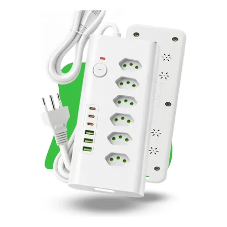 Régua Extensão Elétrica 6 Tomadas 3 Usb 3 Usb-c 10a 20a 2m Filtro De Linha Branco