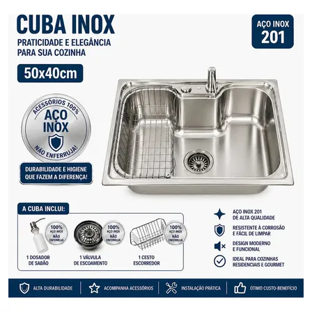 Cuba Pia Cozinha Gourmet Aço Inox 50x40 Zentra Imports C/ Acessórios