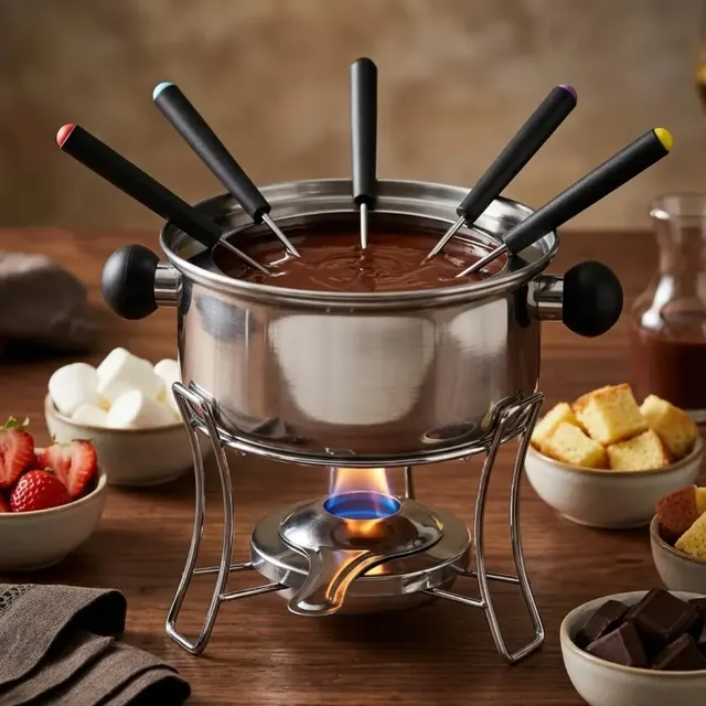 Kit Fondue Jogo De Panela Para Fondue 6 Pessoas Chocolate Ou Queijo 10 Peças 1l Inox Inverno Frio Pítia Prateado