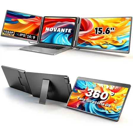 Monitor Portatil Gamer 15.6 Fhd 1080p Dual Screen Expansor Tela Tripla Monitor, Tela Esquerda Rotagao 360°, Baixa Luz Azul, Cabos Inclusos Preto