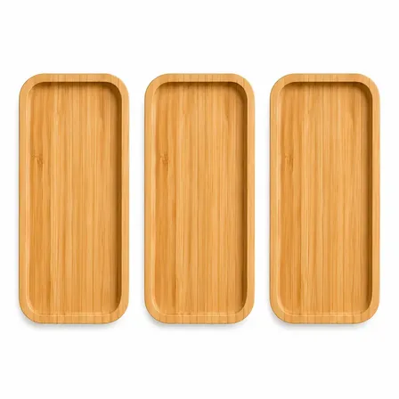 Kit 3 Bandejas De Bambu Retangular Para Cozinha 20x10cm