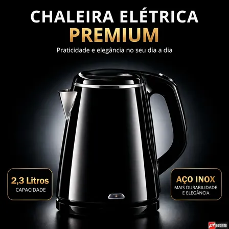 Chaleira Elétrica Sforte de Aço Inox Preta 2,3 Litros, com Desligamento Automático e Base Giratória