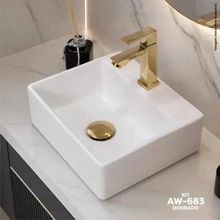 Kit Completo De Cuba Pia Branca Louça Apoio Banheiro Lavabo Com Brinde De Válvula Click Dourada + Torneira Lavatório... Cuba Branca Torneira Dourada/válvula Dourada