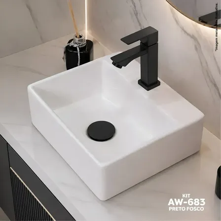 Kit Completo De Cuba Pia Branca Louça Apoio Banheiro Lavabo Com Brinde De Válvula Click Preta Fosca + Torneira Lavatório Preta Fosca Metal Bica Baixa Quadrada Grátis Acompanha Itens De Graça