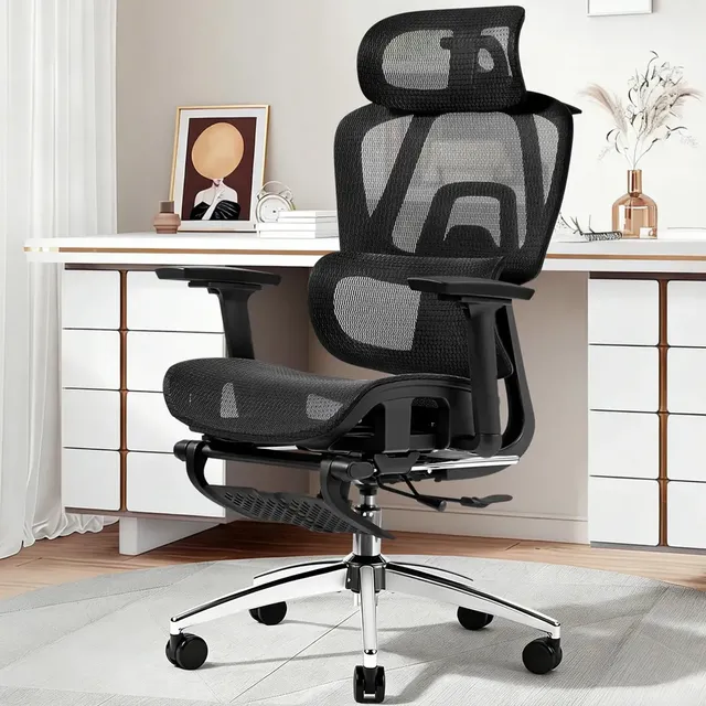 Cadeira Ergonomica,Cadeira Escritorio FivDaily L780, Giratória Reclinável 145°, Encosto Elevável Ajustável, Lombar Flutuante, Cabeça 8D, Braços 5D, Base Aço, Apoio Para Pés Para Home Office, Preto