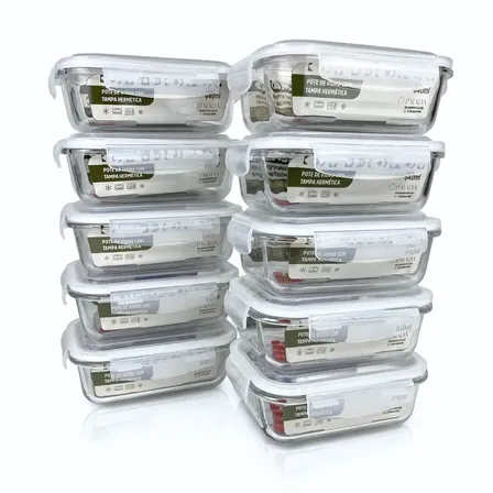 Kit 10 Potes Vidro Hermético 640ml Marmita Forno Micro-ondas Refratário Fitness 4 Travas Freezer Organizador Alimentos Mantimentos Livre Bpa Vedação Silicone Resistente Choque Térmico Palada Shop