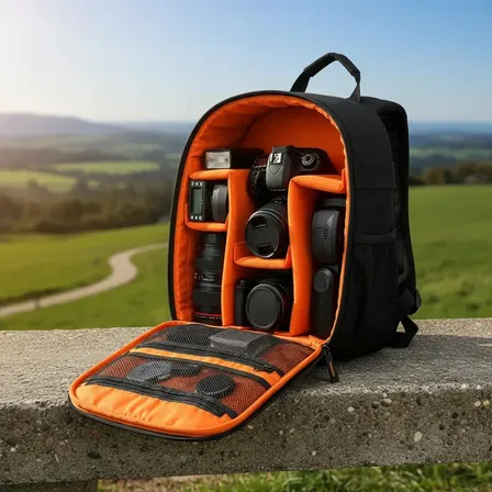 Mochila Câmera Lentes Porta Tripé Impermeável Sandora Preta E Laranja