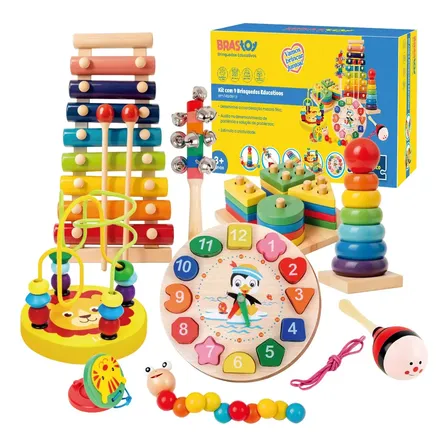 Brinquedos Montessori Kit 9 Pedagogico De Madeira Colorido Colorido
